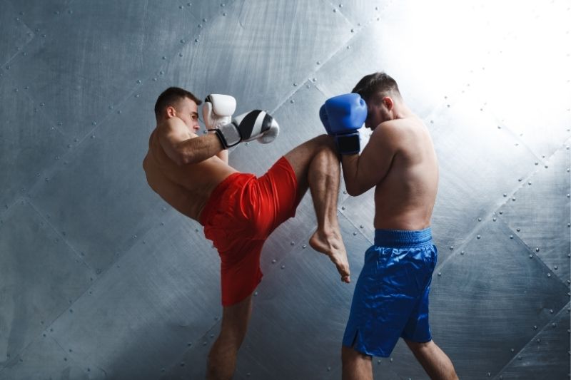 Muay tai fighters kneeing and blocking